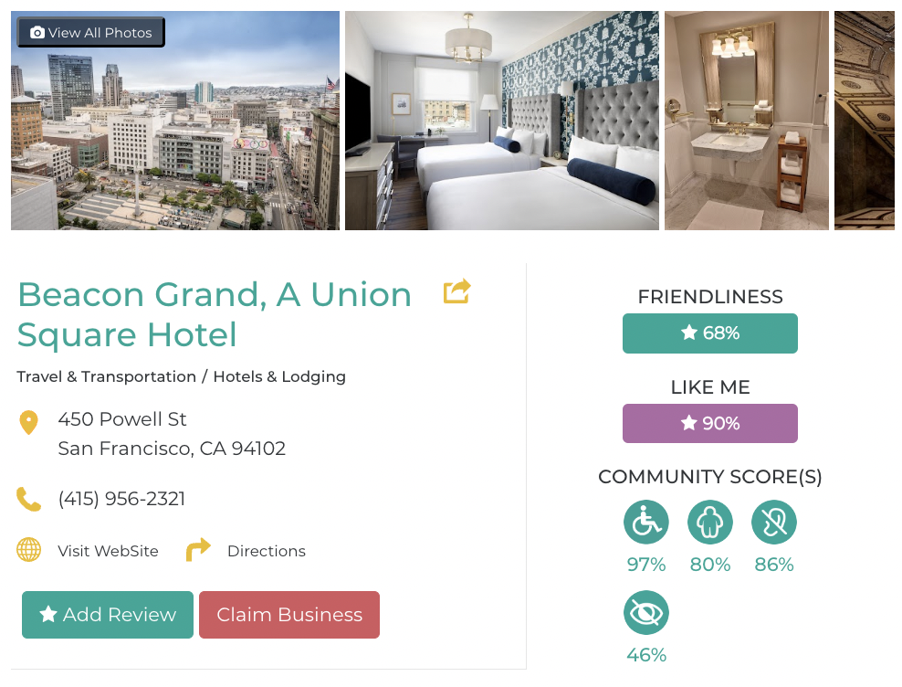 Beacon Grand, A Union Square Hotel accessibility review containing scores for mobility, weight, deaf, hard of hearing, blind, and low vision communities.  Friendly Like Me review scores