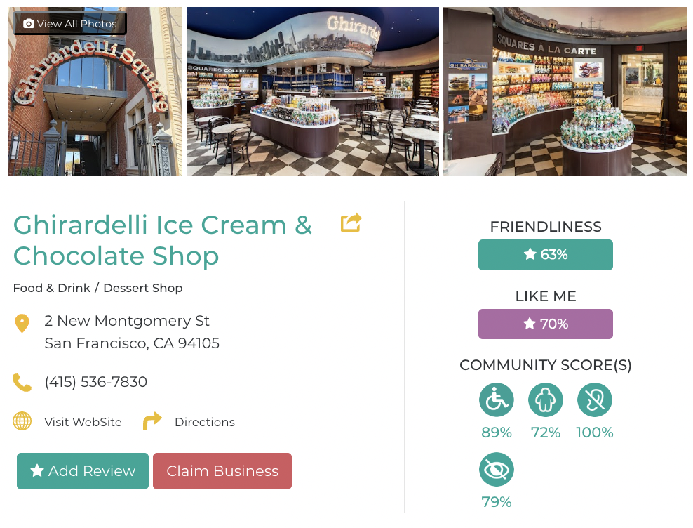 Ghirardelli Ice Cream & Chocolate Shop accessibility review containing scores for mobility, weight, deaf, hard of hearing, blind, and low vision communities.  Friendly Like Me review scores accessibility 