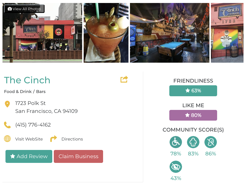 The Cinch accessibility review containing scores for mobility, weight, deaf, hard of hearing, blind, and low vision communities.  Friendly Like Me review scores
