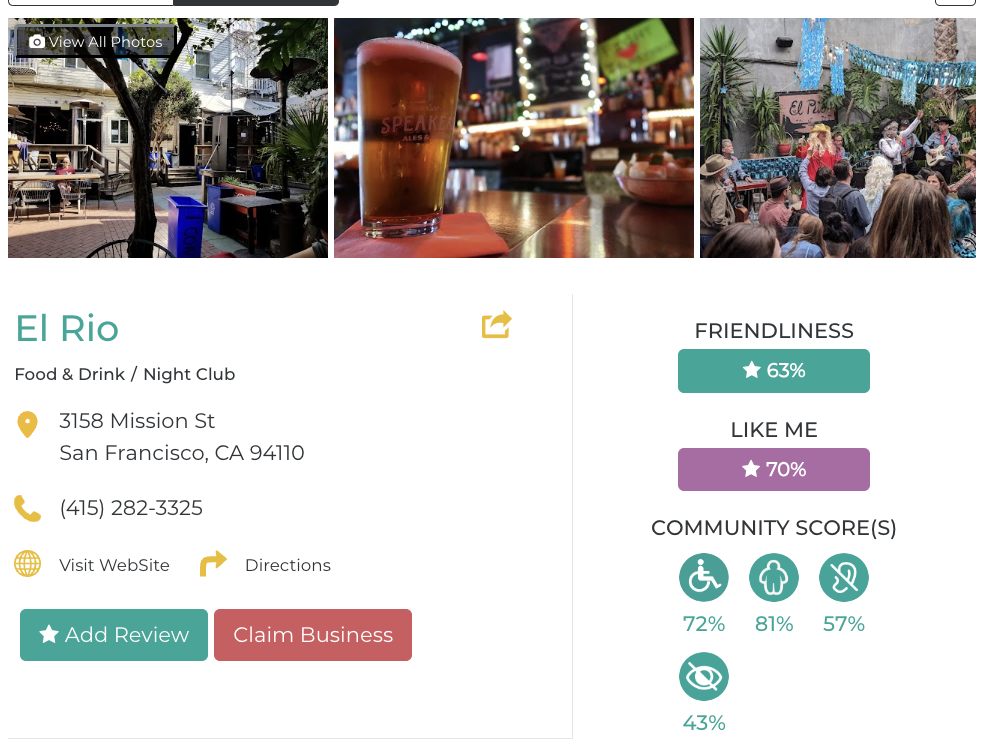 El Rio accessibility review containing scores for mobility, weight, deaf, hard of hearing, blind, and low vision communities.  Friendly Like Me accessibility review
