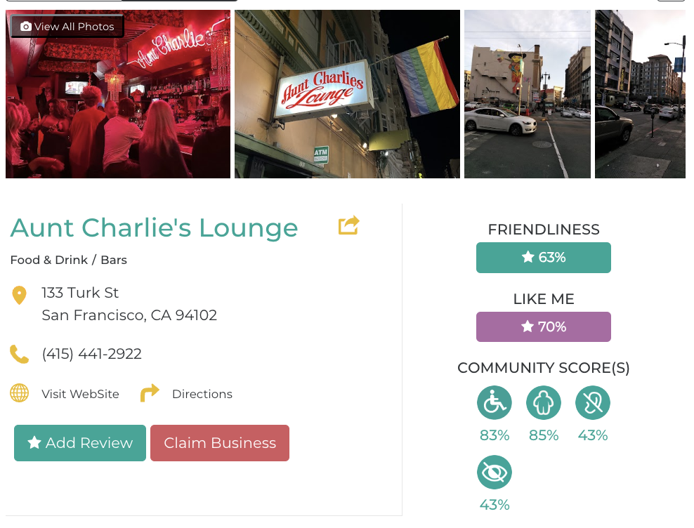 Aunt Charlie's Lounge accessibility review containing scores for mobility, weight, deaf, hard of hearing, blind, and low vision communities.  Friendly Like Me accessibility review