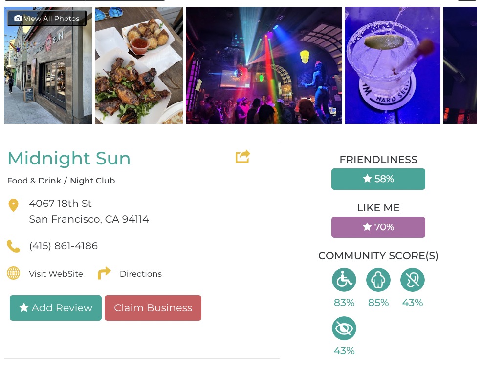 Midnight Sun Friendly Like Me accessibility review containing scores for mobility, weight, deaf, hard of hearing, blind, and low vision communities.
