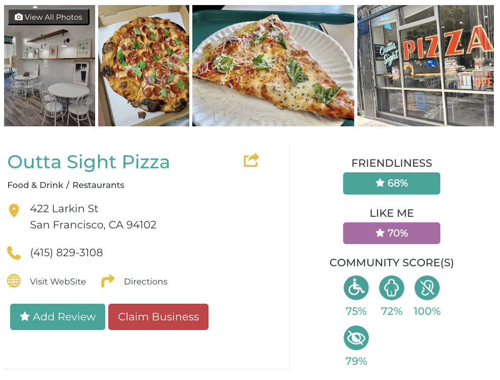 Outta Sight Pizza Friendly Like Me accessibility review containing scores for mobility, weight, deaf, hard of hearing, blind, and low vision communities.