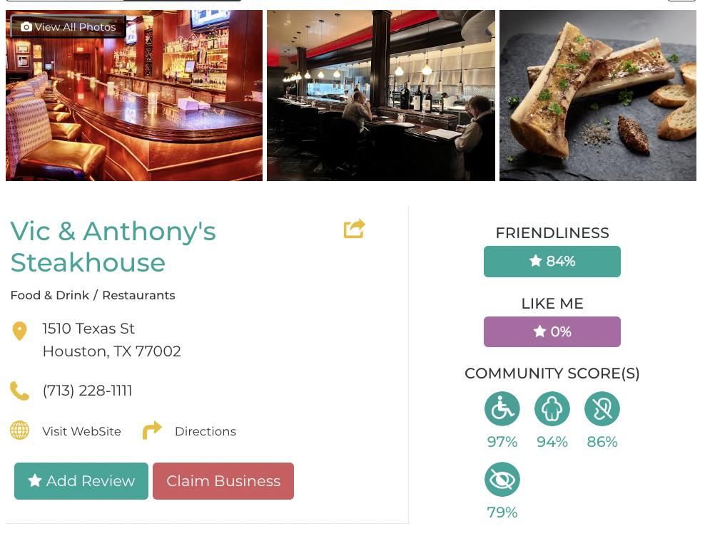 Accessibility Review Friendly Like Me scores Vic Anthony's steakhouse Houston wheelchair, plus size, blind, deaf