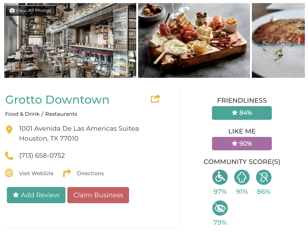 Grotto Downtown Friendly Like Me accessibility review containing scores for mobility, weight, deaf, hard of hearing, blind, and low vision communities.