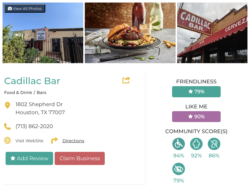 Cadillac Bar Friendly Like Me accessibility review containing scores for mobility, weight, deaf, hard of hearing, blind, and low vision communities.