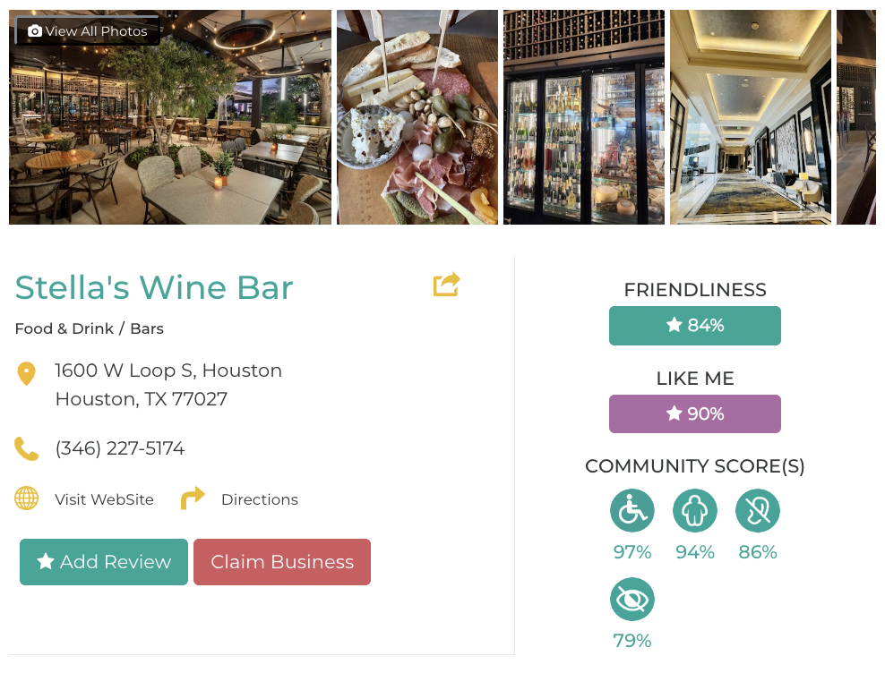 Stella's Wine Bar Friendly Like Me accessibility review containing scores for mobility, weight, deaf, hard of hearing, blind, and low vision communities.