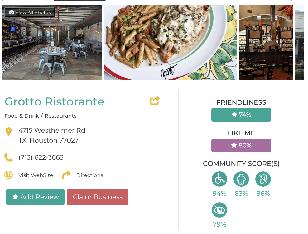 Grotto Ristorante Friendly Like Me accessibility review containing scores for mobility, weight, deaf, hard of hearing, blind, and low vision communities.