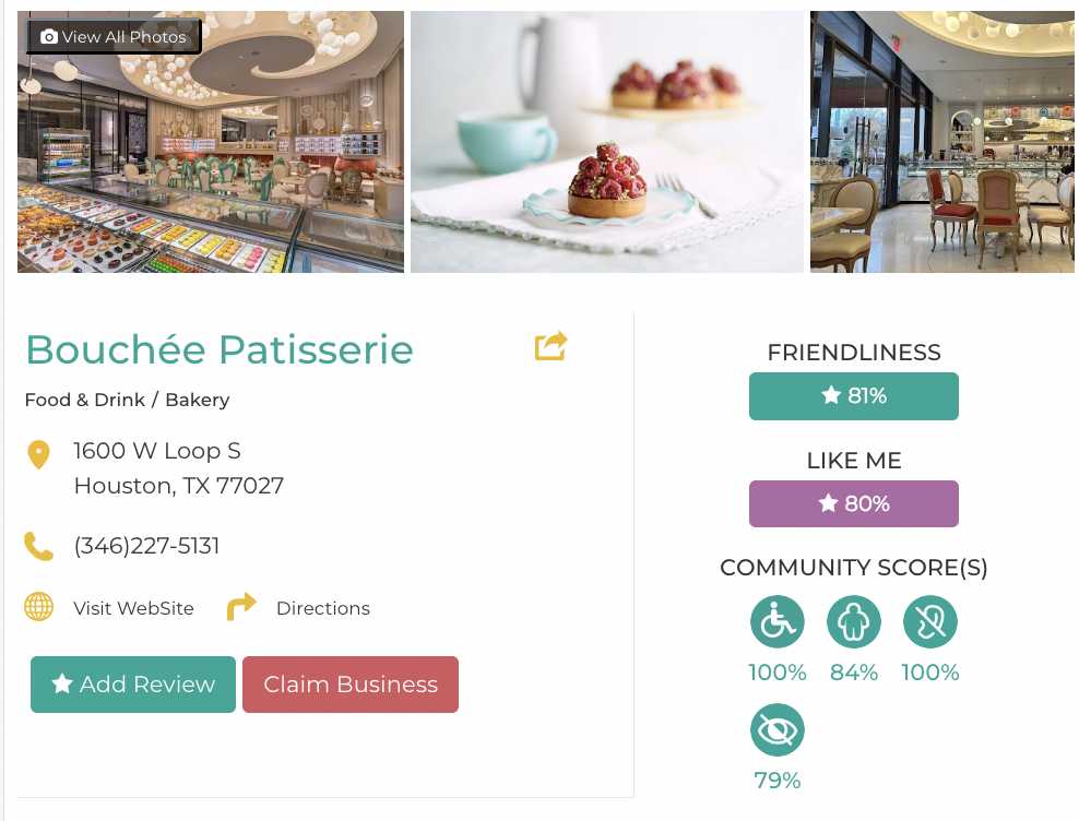 Bouchee Patisserie Friendly Like Me accessibility review containing scores for mobility, weight, deaf, hard of hearing, blind, and low vision communities.