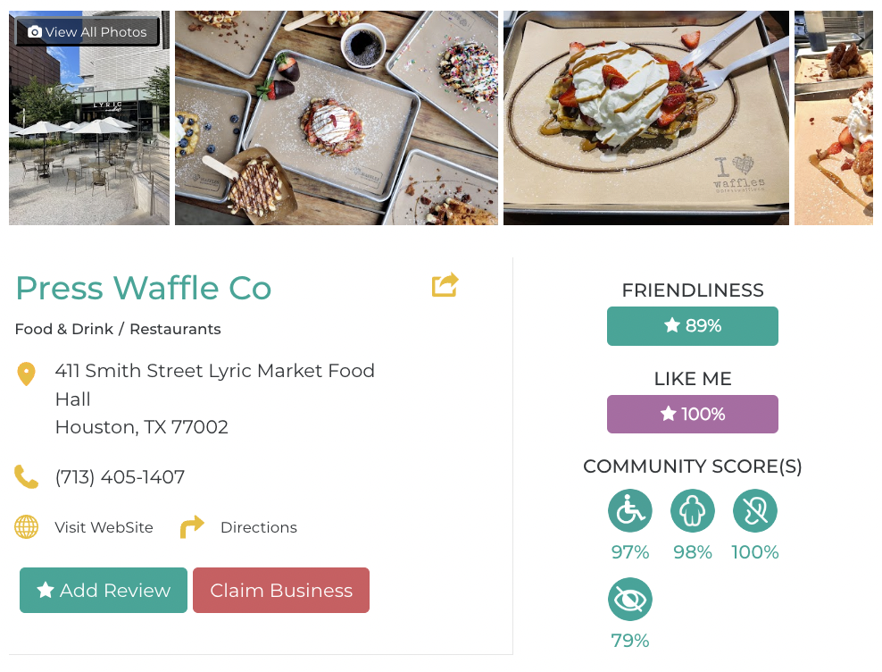 Press Waffle Co Friendly Like Me accessibility review containing scores for mobility, weight, deaf, hard of hearing, blind, and low vision communities.