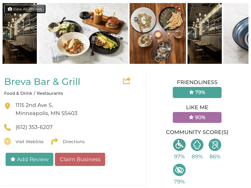 Breva Bar and Grill Friendly Like Me accessibility review containing scores for mobility, weight, deaf, hard of hearing, blind, and low vision communities.