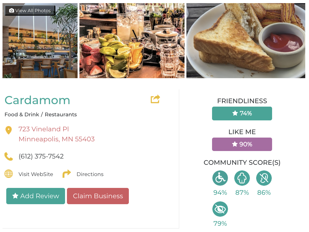 Cardamom accessibility Friendly Like Me review containing scores for mobility, weight, deaf, hard of hearing, blind, and low vision communities.
