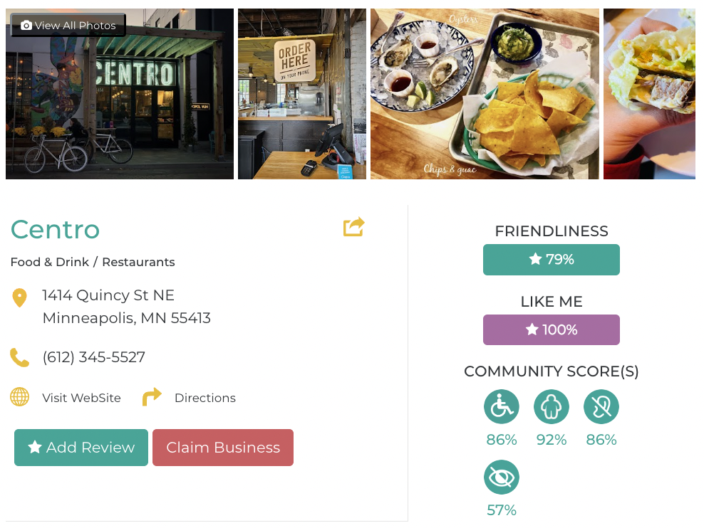 Centro Friendly Like Me accessibility review containing scores for mobility, weight, deaf, hard of hearing, blind, and low vision communities.