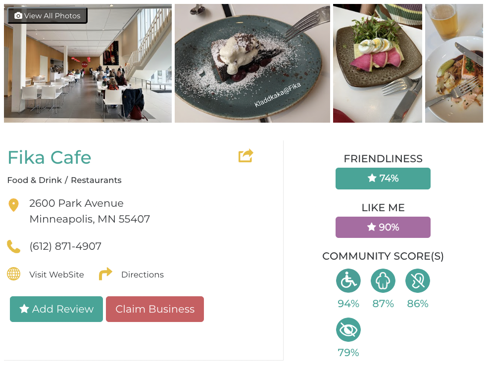 Fika Cafe Friendly Like Me accessibility review containing scores for mobility, weight, deaf, hard of hearing, blind, and low vision communities.