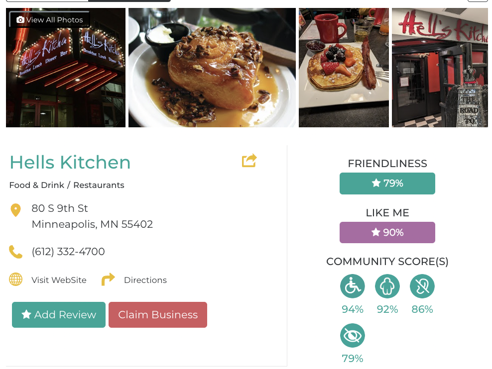 Hell's Kitchen Friendly Like Me accessibility review containing scores for mobility, weight, deaf, hard of hearing, blind, and low vision communities.