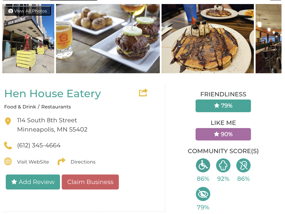 Hen House Eatery Friendly Like Me accessibility review containing scores for mobility, weight, deaf, hard of hearing, blind, and low vision communities.
