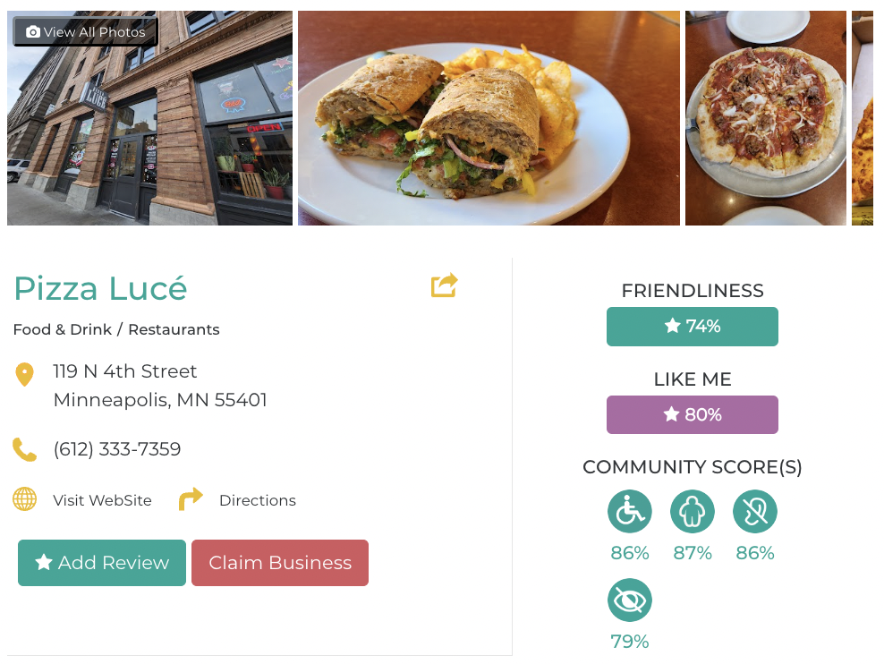 Pizza Luce Friendly Like Me accessibility review containing scores for mobility, weight, deaf, hard of hearing, blind, and low vision communities.