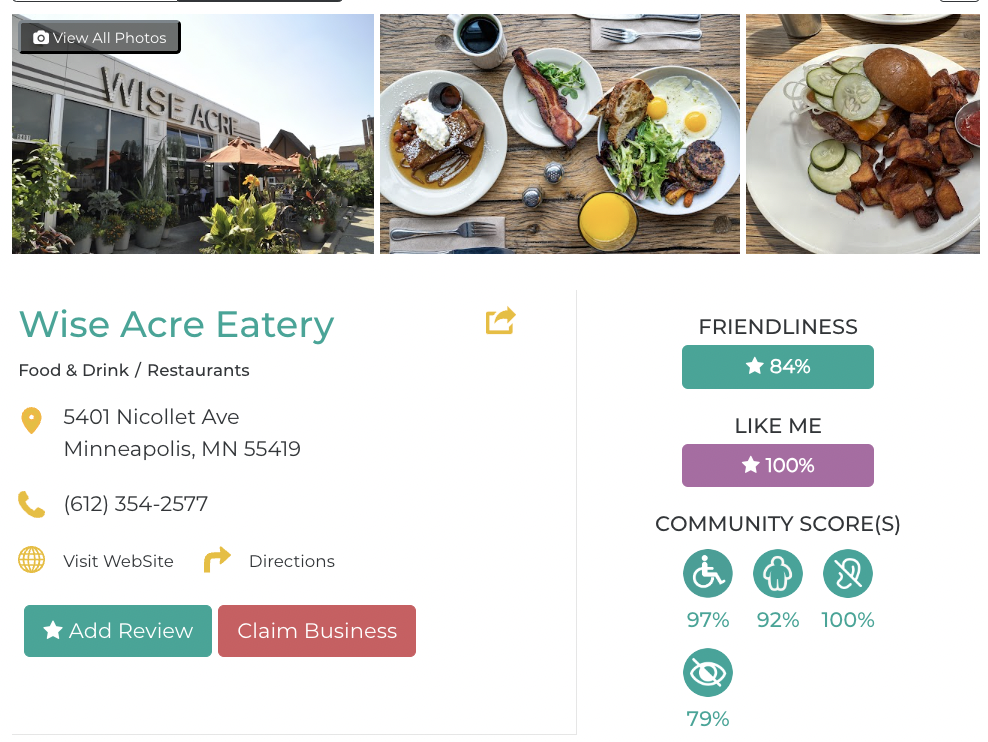 Wise Acre Eatery Friendly Like Me accessibility review containing scores for mobility, weight, deaf, hard of hearing, blind, and low vision communities.