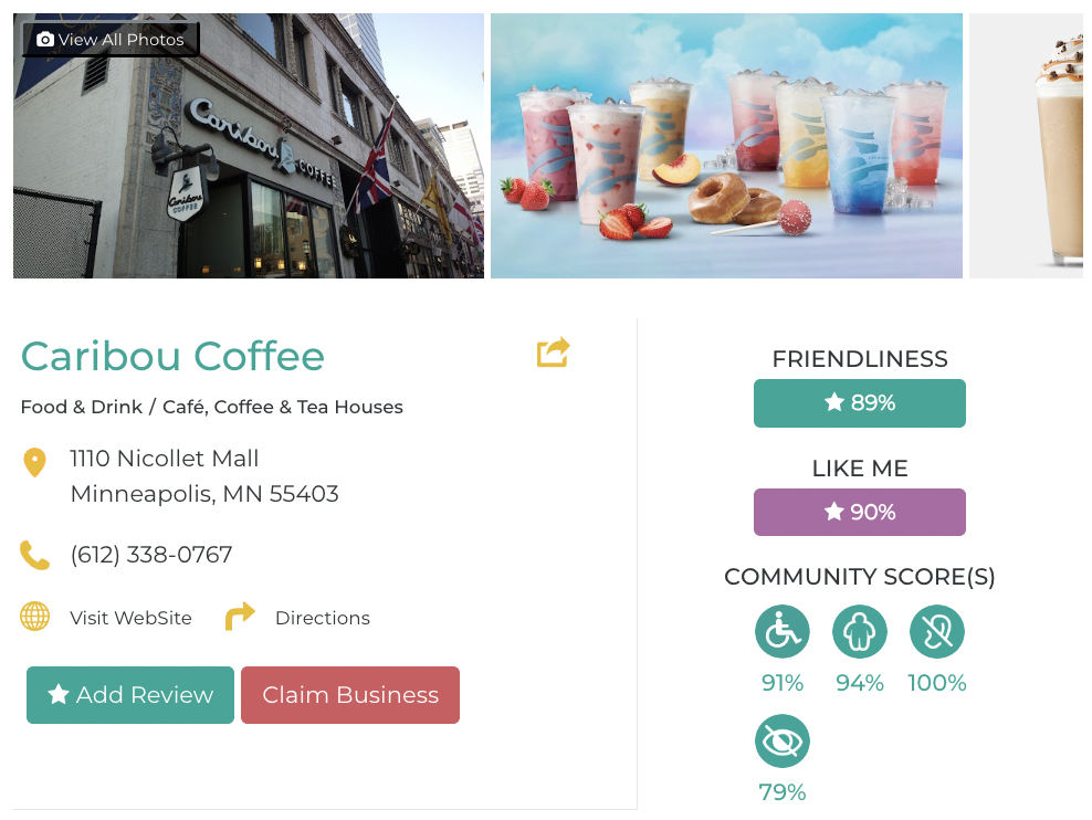Caribou Coffee Friendly Like Me accessibility review containing scores for mobility, weight, deaf, hard of hearing, blind, and low vision communities.