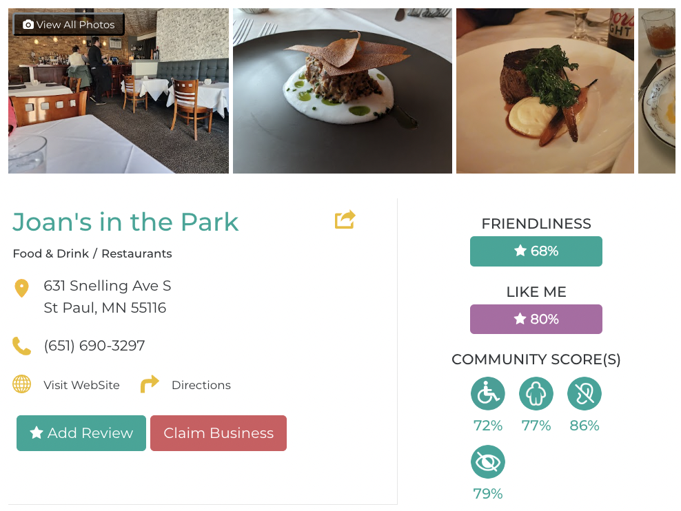 Joan's in the Park Friendly Like Me accessibility review containing scores for mobility, weight, deaf, hard of hearing, blind, and low vision communities.