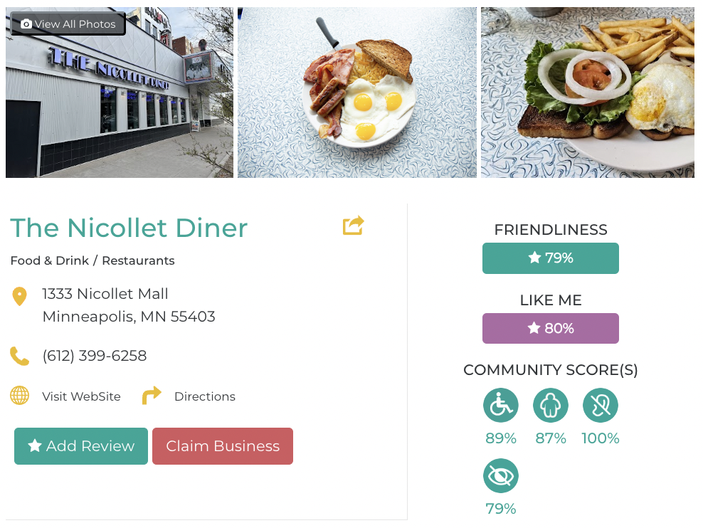 The Nicollet Diner Friendly Like Me accessibility review containing scores for mobility, weight, deaf, hard of hearing, blind, and low vision communities.