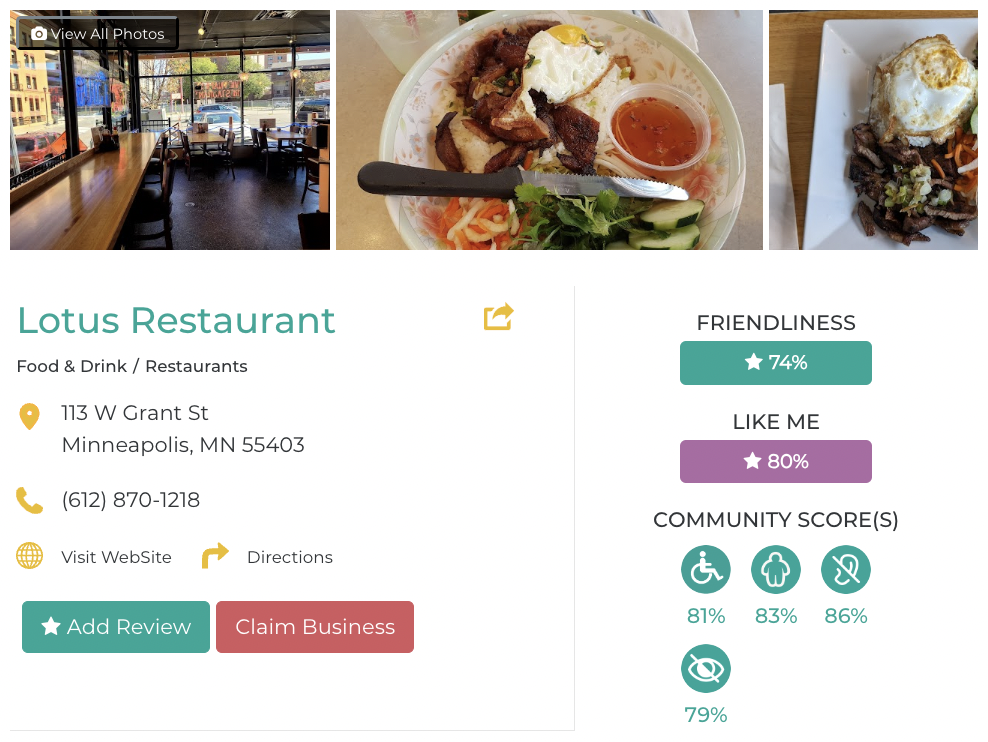 Lotus Restaurant Friendly Like Me accessibility review containing scores for mobility, weight, deaf, hard of hearing, blind, and low vision communities.