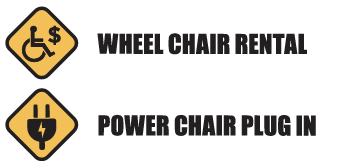 Graphics depicting wheelchair rental and power chair plug in signs.