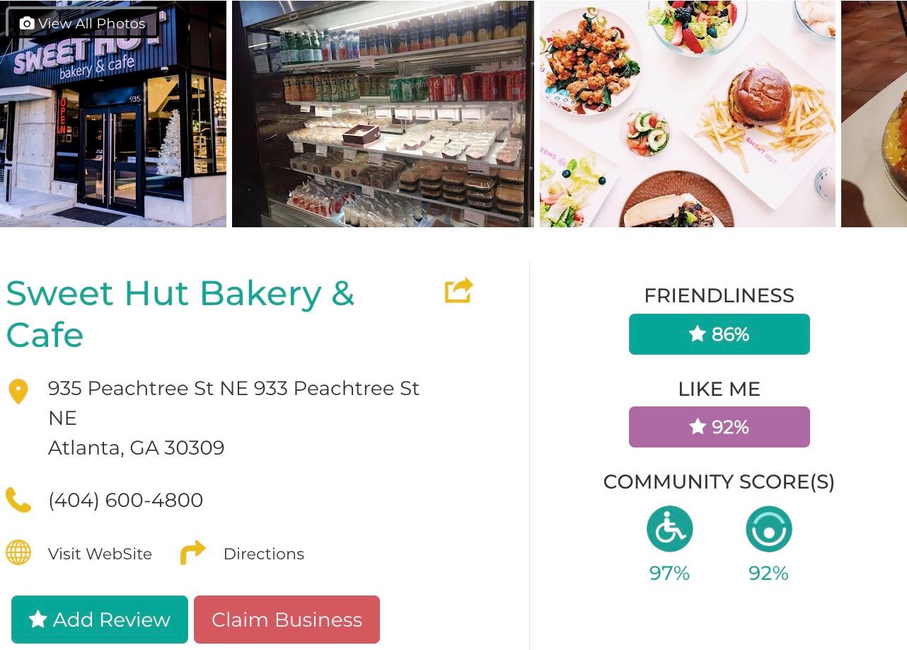 Friendly Like Me app review of Sweet Hut Bakery & Cafe, including Friendliness scores as well as photos and contact info