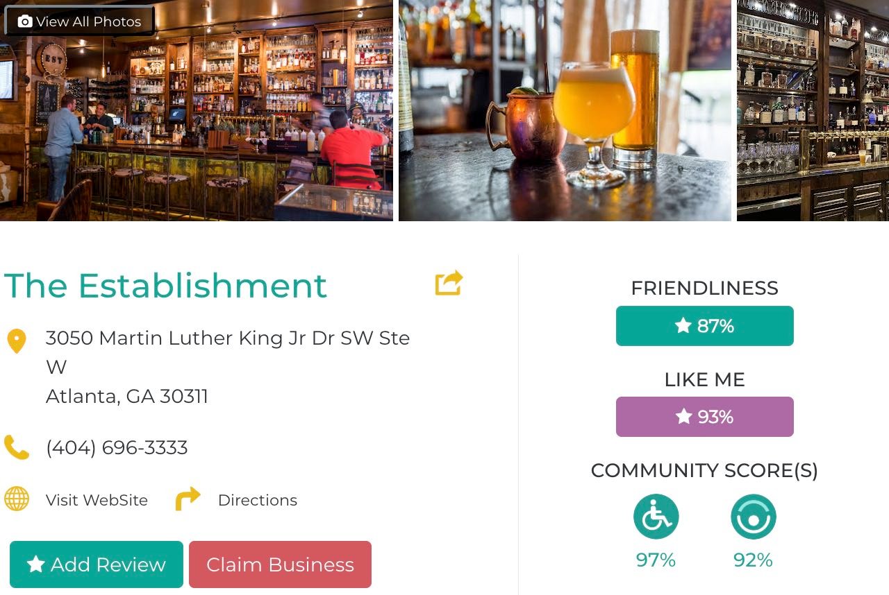 Friendly Like Me app review of The Establishment, including Friendliness scores as well as photos and contact info