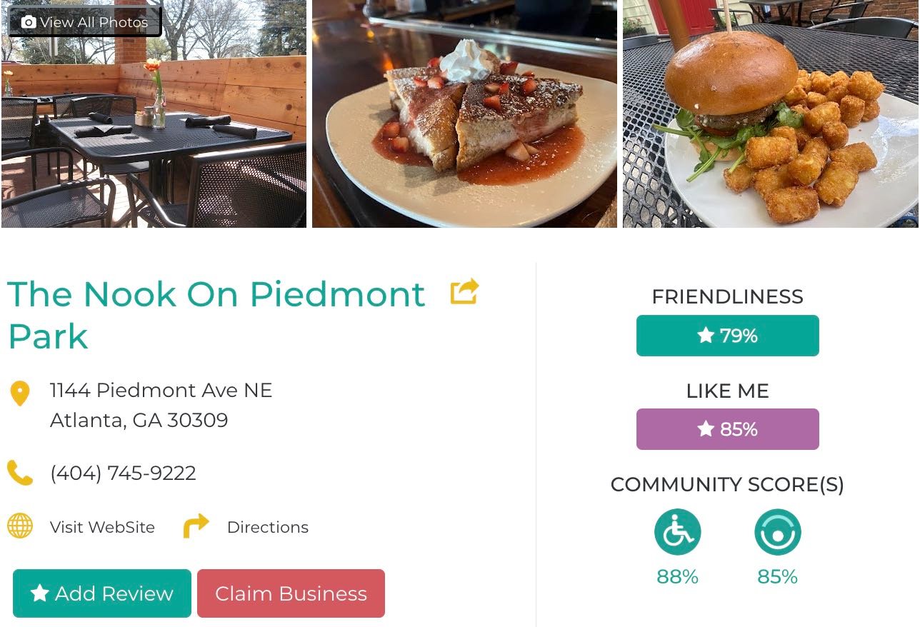 Friendly Like Me app review of the Nook on Piedmont Park, including Friendliness scores as well as photos and contact info