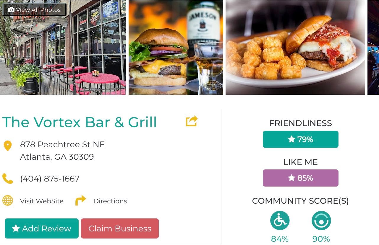 Friendly Like Me app review of The Vortex Bar & Grill, including Friendliness scores as well as photos and contact info