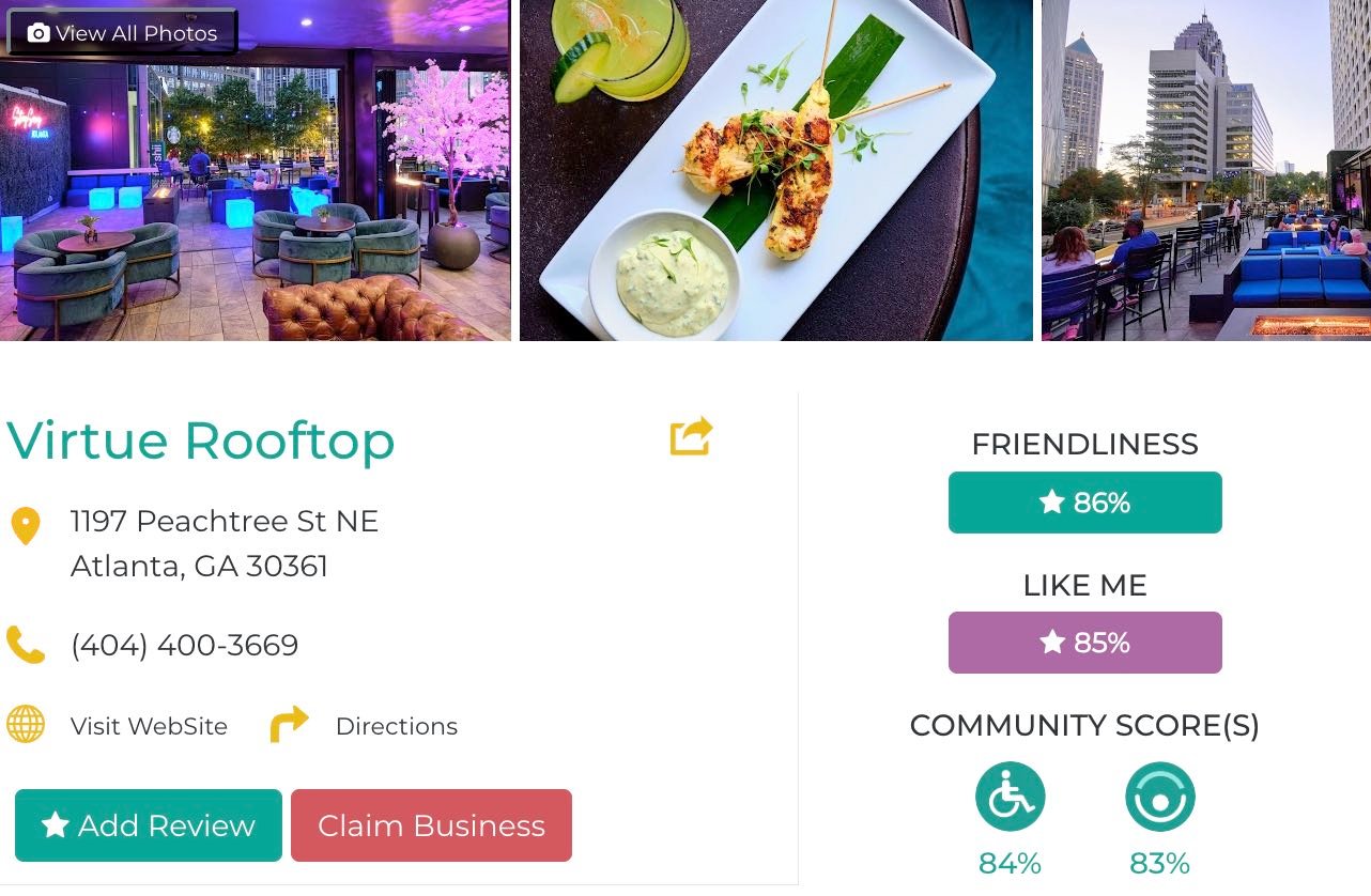 Friendly Like Me app review of Virtue Rooftop, including Friendliness scores as well as photos and contact info