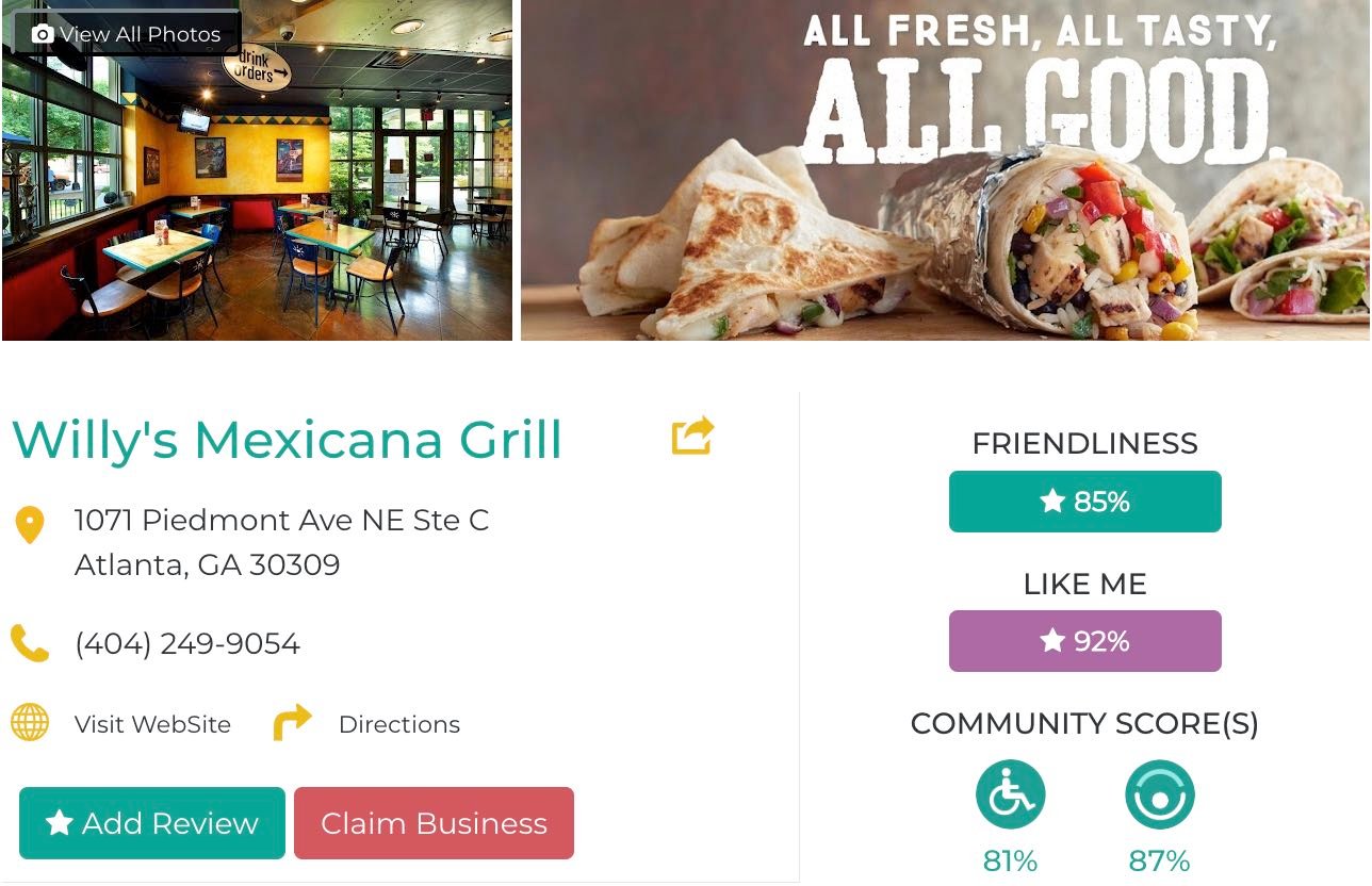 Friendly Like Me app review of Willy's Mexicana Grill on Piedmont Ave, including Friendliness scores as well as photos and contact info