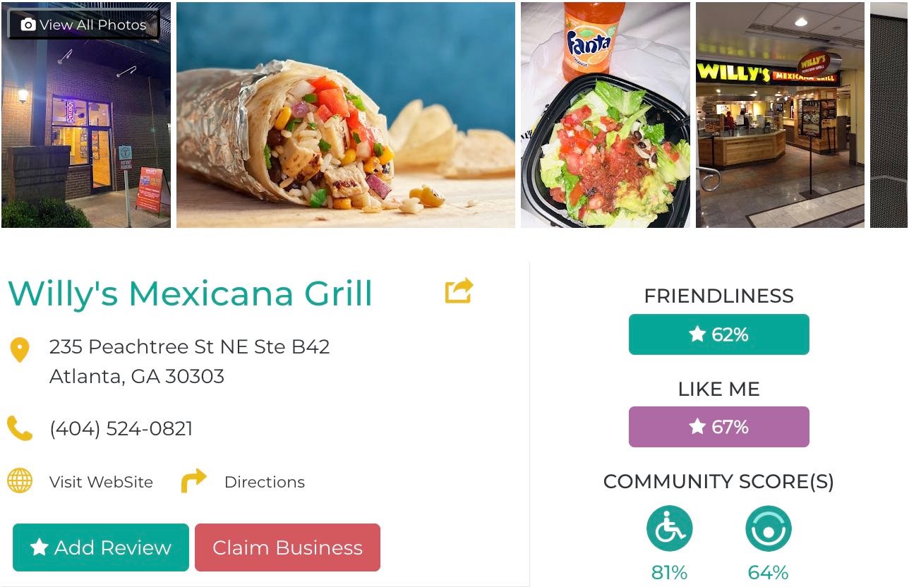 Friendly Like Me app review of Willy's Mexicana Grill on Peachtree Street, including Friendliness scores as well as photos and contact info