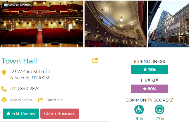 A screen shot of the listing for Town Hall on Friendly Like Me.