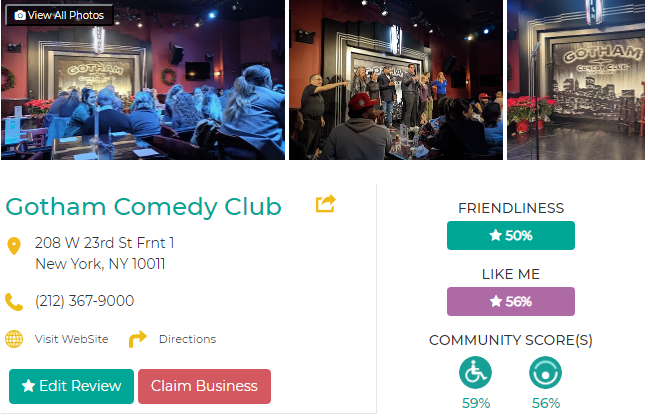 A screen shot of the listing for Gotham Comedy Club on Friendly Like Me.