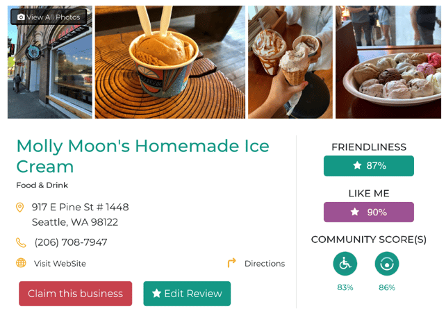 A screenshot of a business listing in the Friendly Like Me app.  This listing is for Molly Moons Ice Cream in Seattle, which has a "friendliness" score of 87%, a "Like Me" score of 90% and community scores for mobility 83% and weight 86%.  Buttons for "claim this business," and "edit review," are shown at the bottom of the listing.