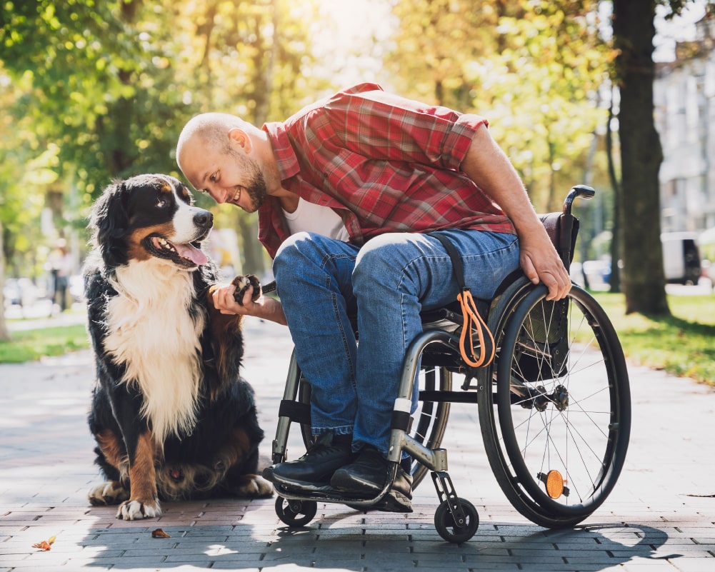 Man in wheelchair bonding with his dog