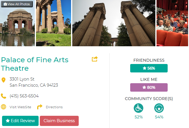 A screen shot of the listing for Palace of Fine Arts Theatre on Friendly Like Me.