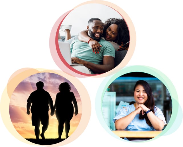 An image trio of images cut into circles and displayed in triangle formation.  The first image displays a black man and black woman lounging on the couch while the man types on his computer.  they both smile and the woman has her arm around the man.  The second image is of two plus-size people (a man and a woman) walking hand-in-hand.  The couple is shown in silhouette walking away from the camera toward a sunset.  The third image is a plus-sized Asian woman sitting at the counter inside a cafe.  