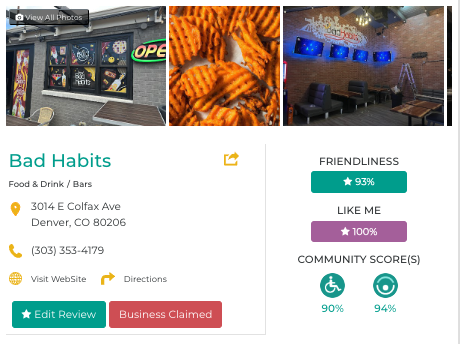 Friendly Like Me review screen of Bad Habits bar in Denver, CO