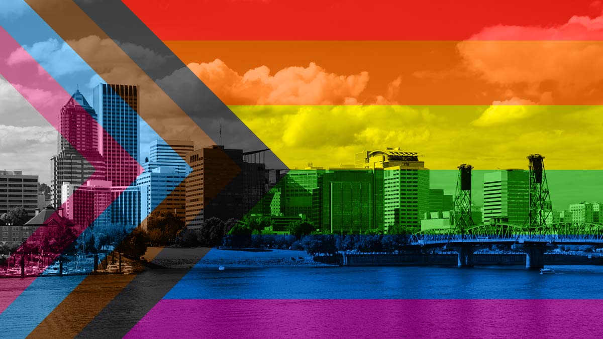 Portland city skyline with the disability pride flag superimposed.