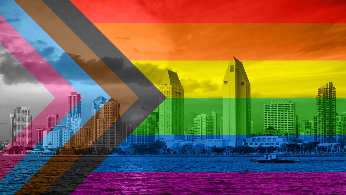 San Diego skyline with disability pride flag superimposed.