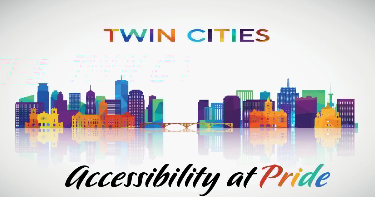 A rainbow view of the Minneapolis skyline. Friendly Like Me Accessibility at Pride 